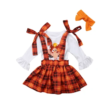 

Baby Girls Clothes 3Pcs Thanksgiving Turkey Clothes Tops+Suspender Skirt Outfit