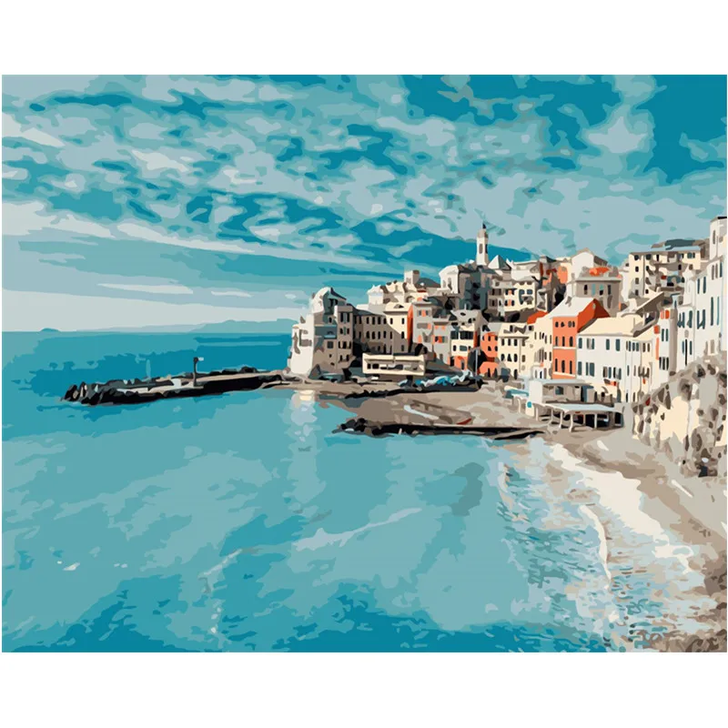 Painting By Number DIY Dropshipping big size Blue sea prosperous city Landscape Canvas Room Decoration Art picture Child Gift | Дом и сад