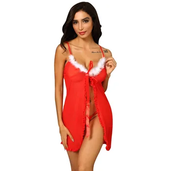 

Sexy Robe Sets Sleep Tops New Women Sexy Christmas Festival V-neck Split Ruffle Nightdress Thong Lingerie Dormir Tops Пижама