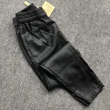 Зимние Модные женские плотные брюки из натуральной кожи с высокой талией, повседневные брюки из овечьей кожи, женские черные Стрейчевые узкие брюки F520
