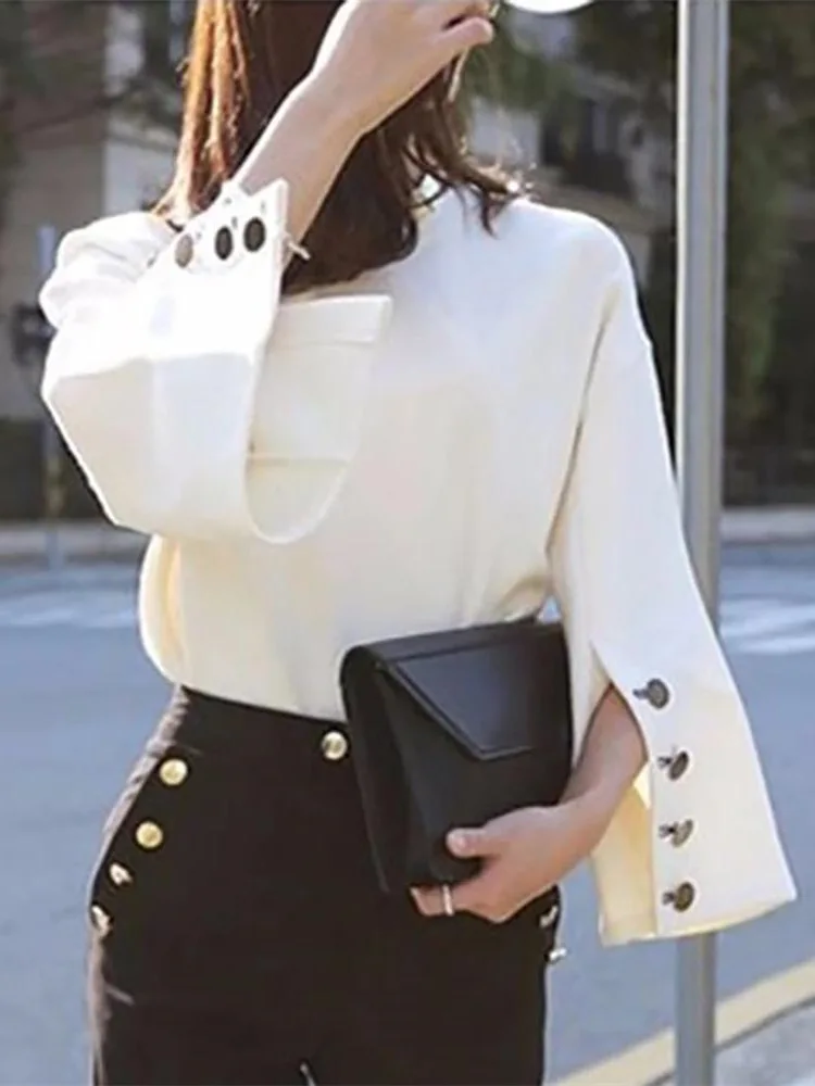 

2019 Autumn Slit Buttoned Bell Cuff Casual Shirt Women Elegant Office Style Work Blouse Shirts Female Basic Top