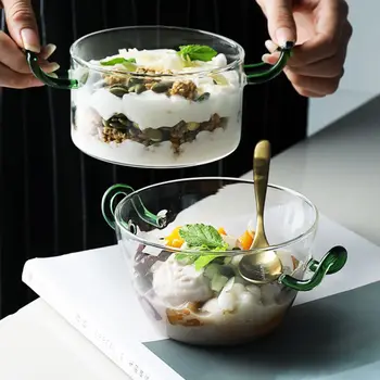 

Creative Heat Resistant Glass Double Ears Fruit Salad Bowl Home Party Tableware Japanese Style Rice Soup Noodle Bowl With Handle