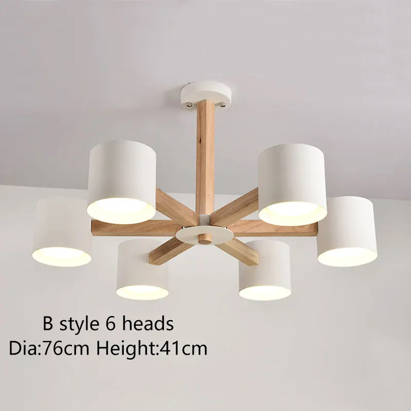 Modern wood chandelier With Iron White Lampshade Wood Lamp body Living room Bedroom Kitchen Wooden chandelier lighting fixtures - Цвет абажура: B style 6h No Bulb