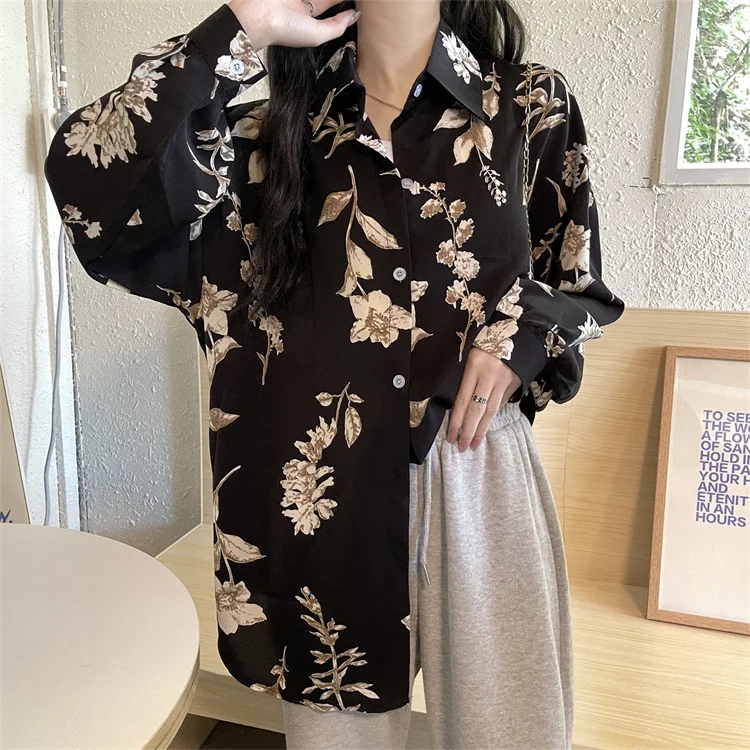 

Autumn retro print long-sleeved casual women's polo collar chiffon shirt women