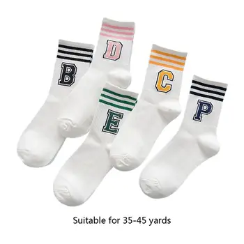 

5 Pairs Japanese Women Ankle Socks Harajuku Letters B/C/D/E/P 3 Stripes Hosiery