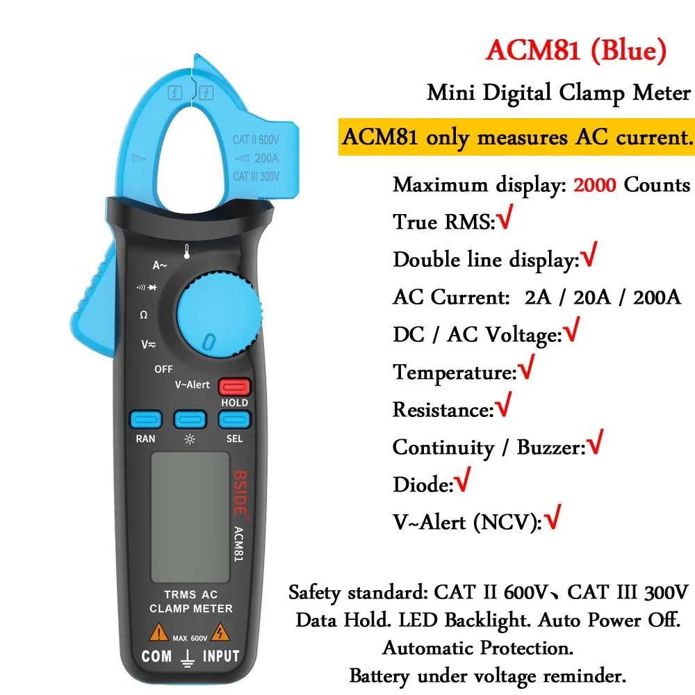 Мини Цифровые токовые клещи BSIDE ACM серии True RMS постоянного тока переменного тока Напряжение Ом темп Емкость Гц NCV тестер Амперметр мультиметр - Цвет: ACM81-blue