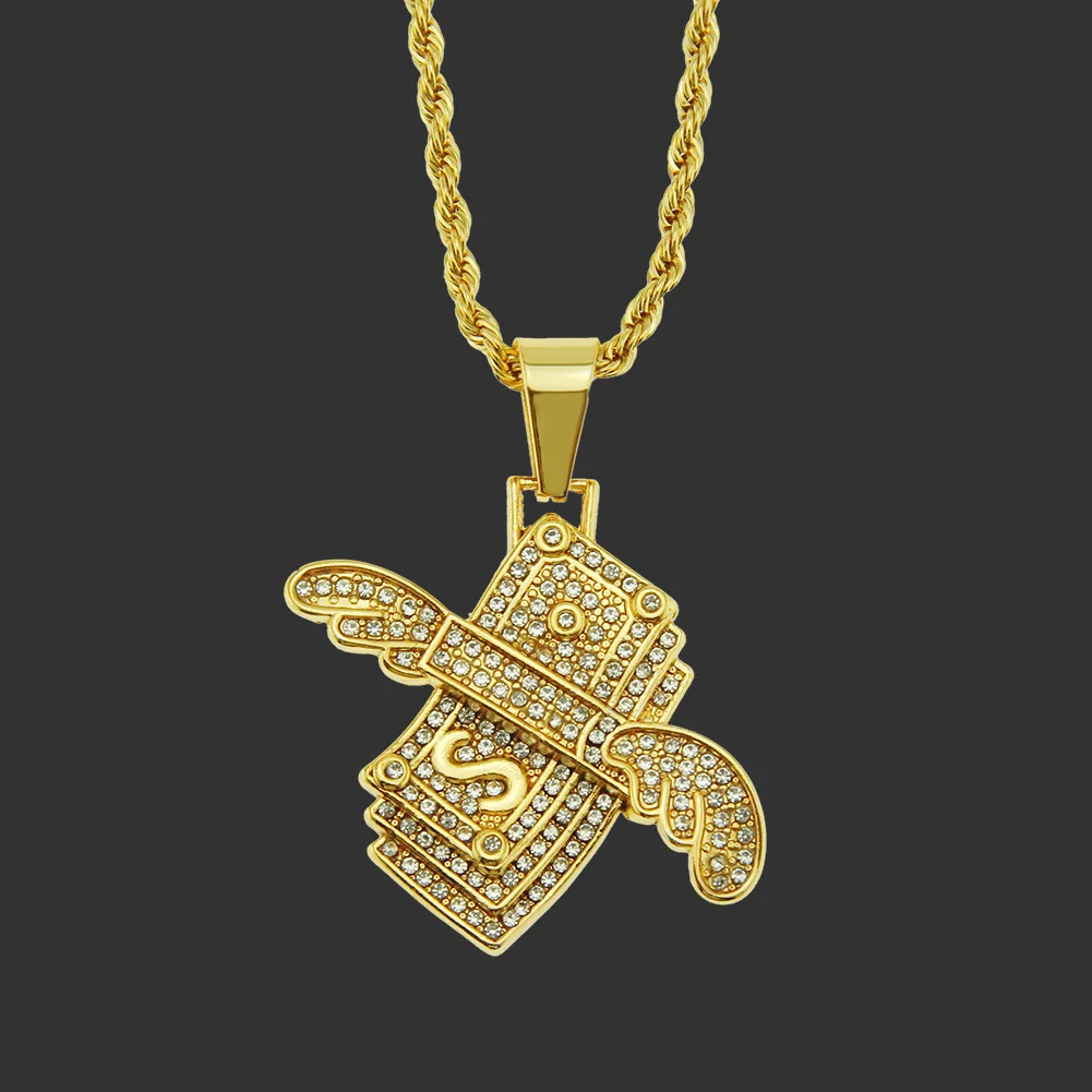 3Д bling Стразы Алмаз инкрустированные с крыльями ангела подвеска на цепочке доллар