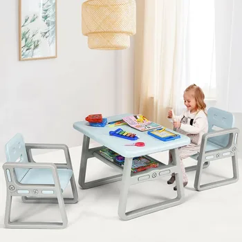 

Kids Table and 2 Chairs Set with Storage Shelf High Quality HDPE Material Multifunzionale Draw Read Learn Chairs Furniture Set