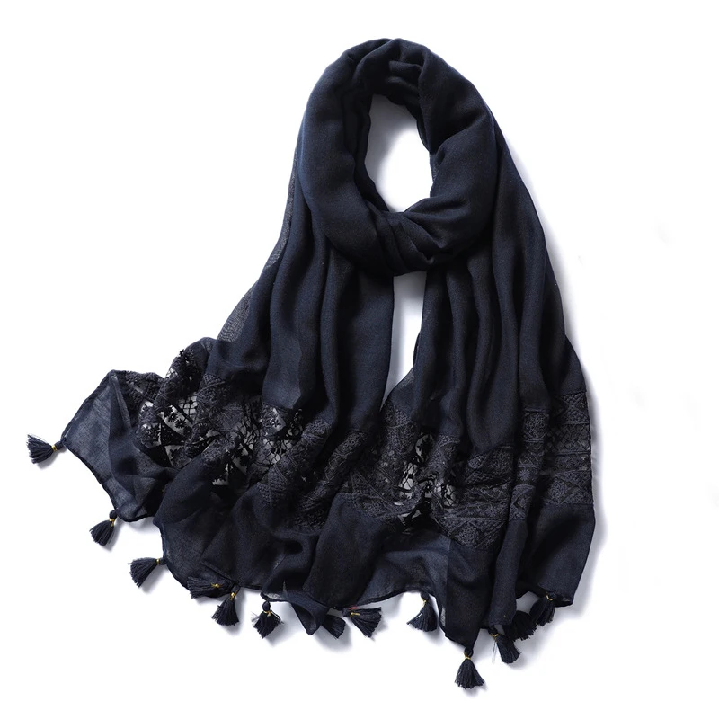 navy blue Женский шарф кружевной шали с кисточками и деформациями сплошной хиджаб шарф Национальный стиль черный серый большой пашмины бандана женский платок - Цвет: navy blue