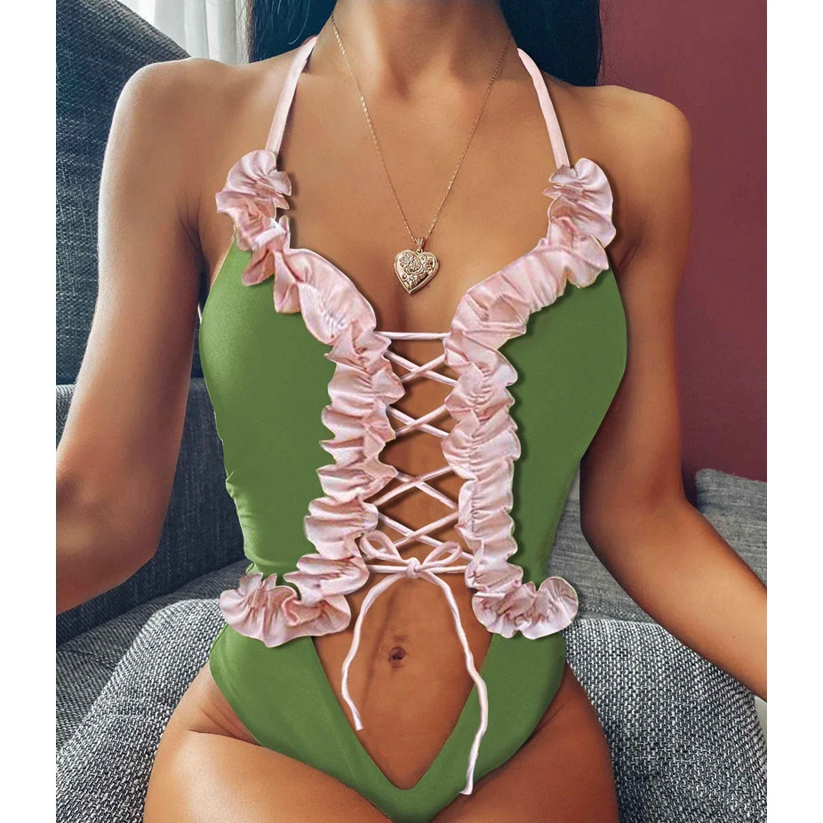 Floylyn сексуальный на шнуровке женский цельный монокини открытая с оборками