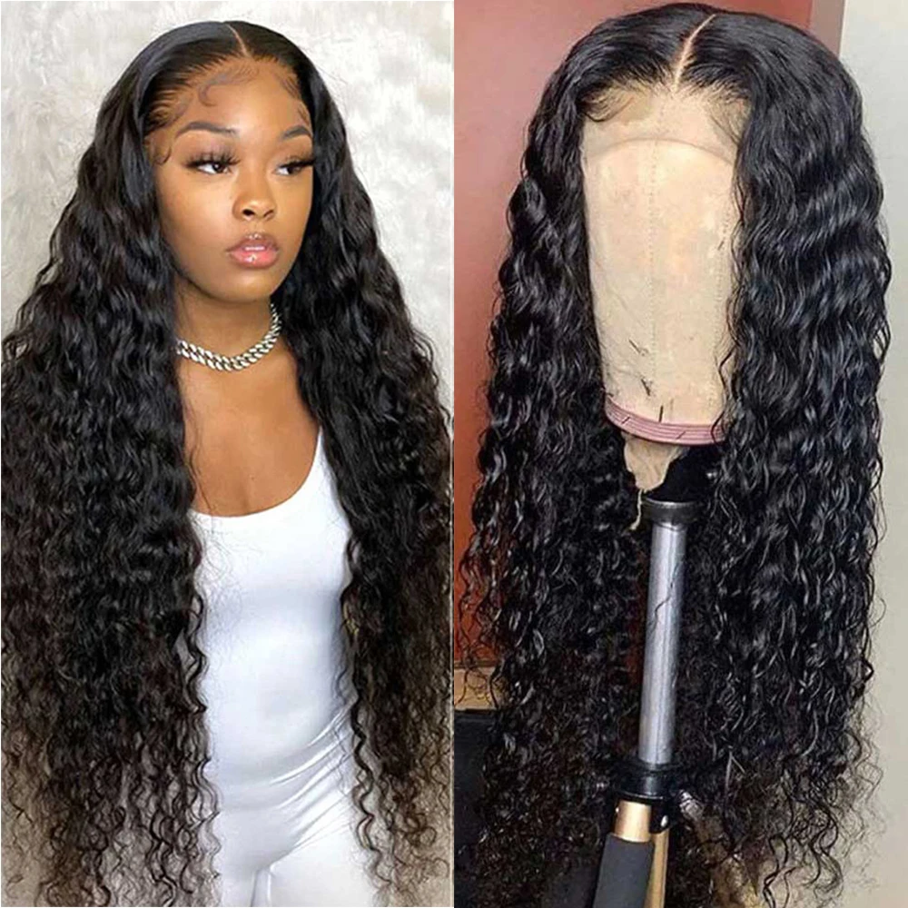 Deep Wave Frontal Wig Transparent Lace Frontal Wigs 30 Inch Long T Part Brazilian Wet and Wavy Curly Lace Front Human Hair Wigs