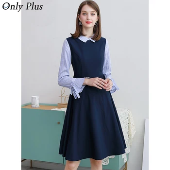

Only Plus Women Elegant Office Lady Blue Cotton Dress Splicing Sleeve Belt Casual Slim Party Knee Dress Spring 2020