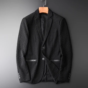 

Luxury Yarn-dyed Blazer Male Hight Quality Wrinkle Fabric Single Breasted Mens Blazer Jacket Fashion Blazer Masculino Slim Fit
