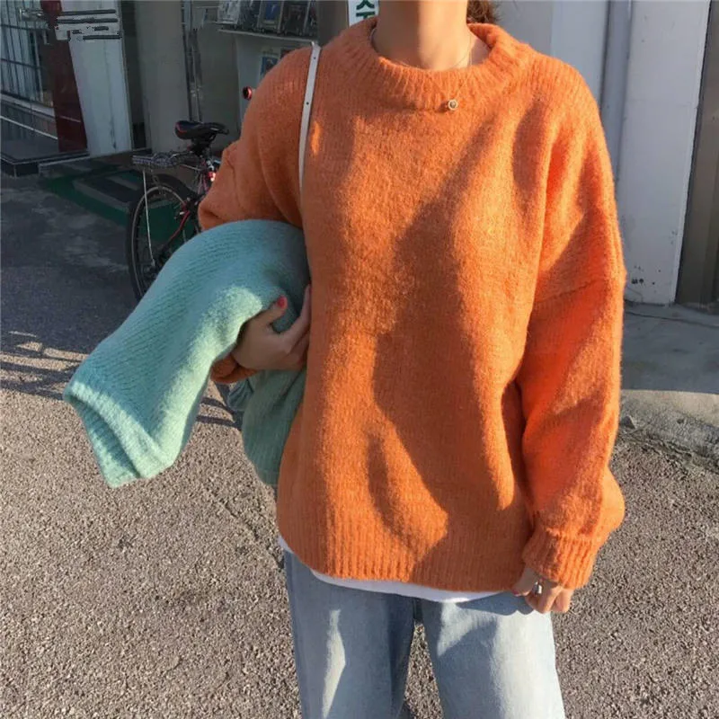 

New Oversized Cute Sweet Women Sweater O-Neck Solid Casual Fashion Sexy Women Pullovers Knitted Warm Winter Clothes Pull Femme