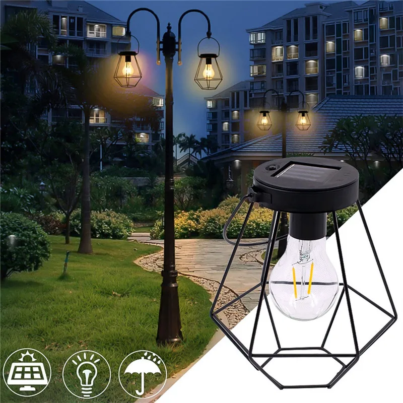 Retro Solar Light Iron Lantern Hanging Lamp Pendant Light Street Light Bulb for Outdoor Courtyard Garden Corridor Solar Lamp