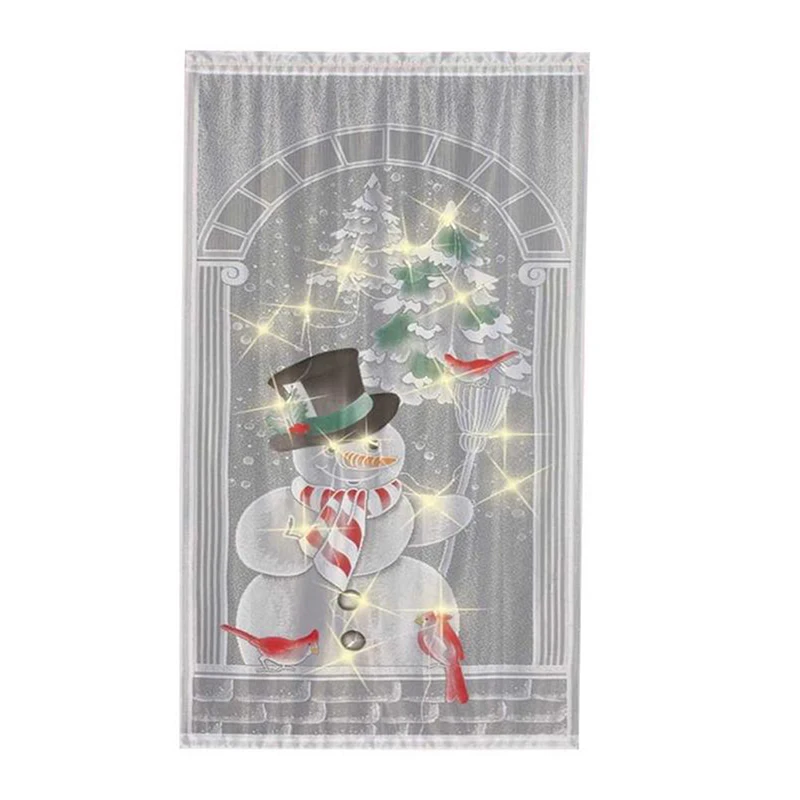 

Cute Snowman Pattern Lace Curtain With LED Light String Lace Curtain Colorful Christmas Decoration Accessories