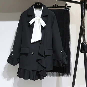 

Women Suit Blazer Jacket Coat Women Long-Sleeve Female Ruffel Elegant Black Double-Breasted Waistcoat