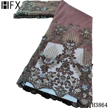 

HFX Lace Fabric Handmade Bead Tulle Lace Fabric African Lace 2020 High Quality Embroidered NIgerian Lace Fabric For Dress Party