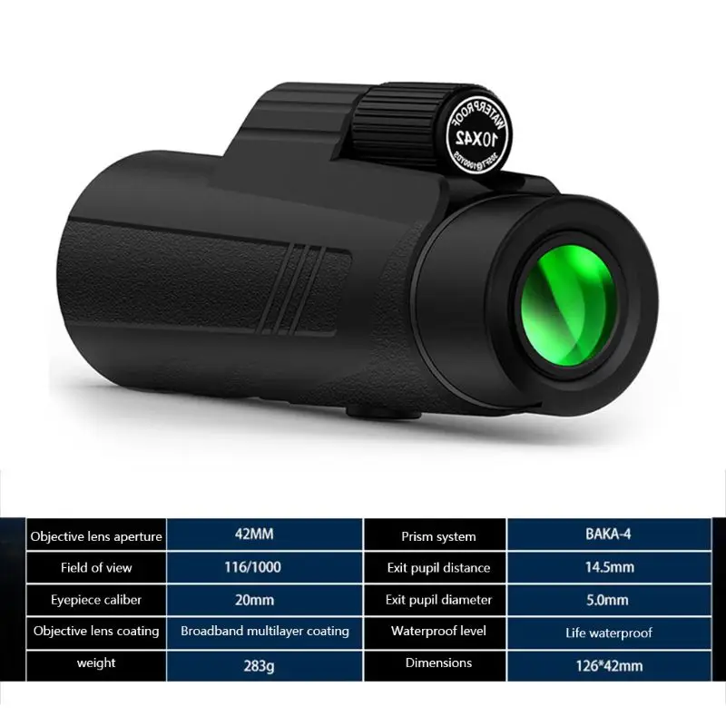 10x42 Monocular Telescope Vision Life Waterproof Long Range With Bak4 Prism For Camping Bird-watching | Инструменты