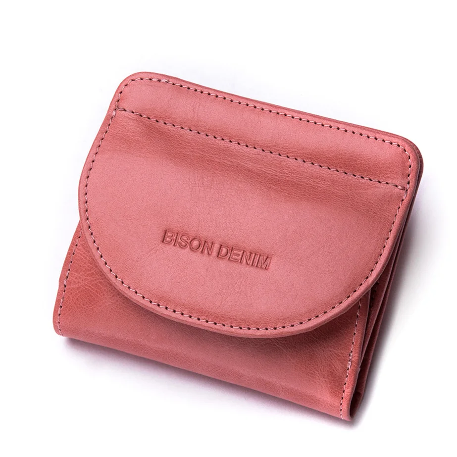 BISON DENIM, Женский кошелек из натуральной кожи, модный держатель для карт, Женский кошелек для монет, мини клатч, сумка для денег для девочек, B3274 - Цвет: Pink