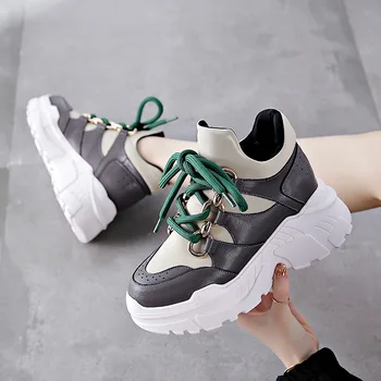 

High quality autumn and winter leather thick-soled high-heeled casual plus velvet sneakers wild running shoes women ZZ-184