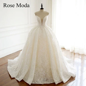 شراءفستان زفاف من Rose Moda برقبة على شكل V عميق فاخر براق من الدانتيل ، فستان الأميرة