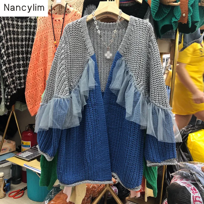 

European Autumn Winter Cardiagn for Women Street Wear Stitching Mesh Loose Sweaters Girls Students Open Cardigan Coat Jacket