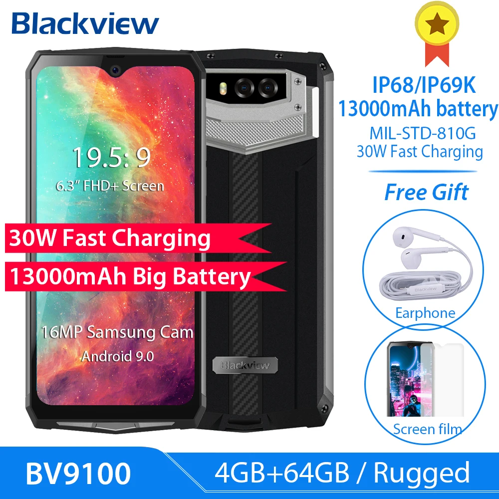 

Blackview BV9100 13000mAh 30W Fast Charge Smartphone 6.3''FHD+ 4GB 64GB Helio P35 Octa Core Android 9.0 IP68 Rugged Mobile Phone