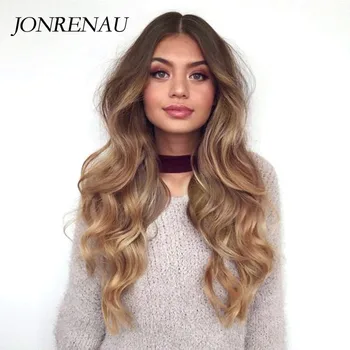 JONRENAU Heat Resistant Long Natural Wave Hair Synthetic Ombre Brown to Blonde Wigs for White/Black Women 2