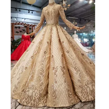 

BGW 21514ht Golden Muslim Prom Dresses With Crystal Floor Length High Neck Long Sleeve Luxury Swollen Pleat Evening Dresses 2019