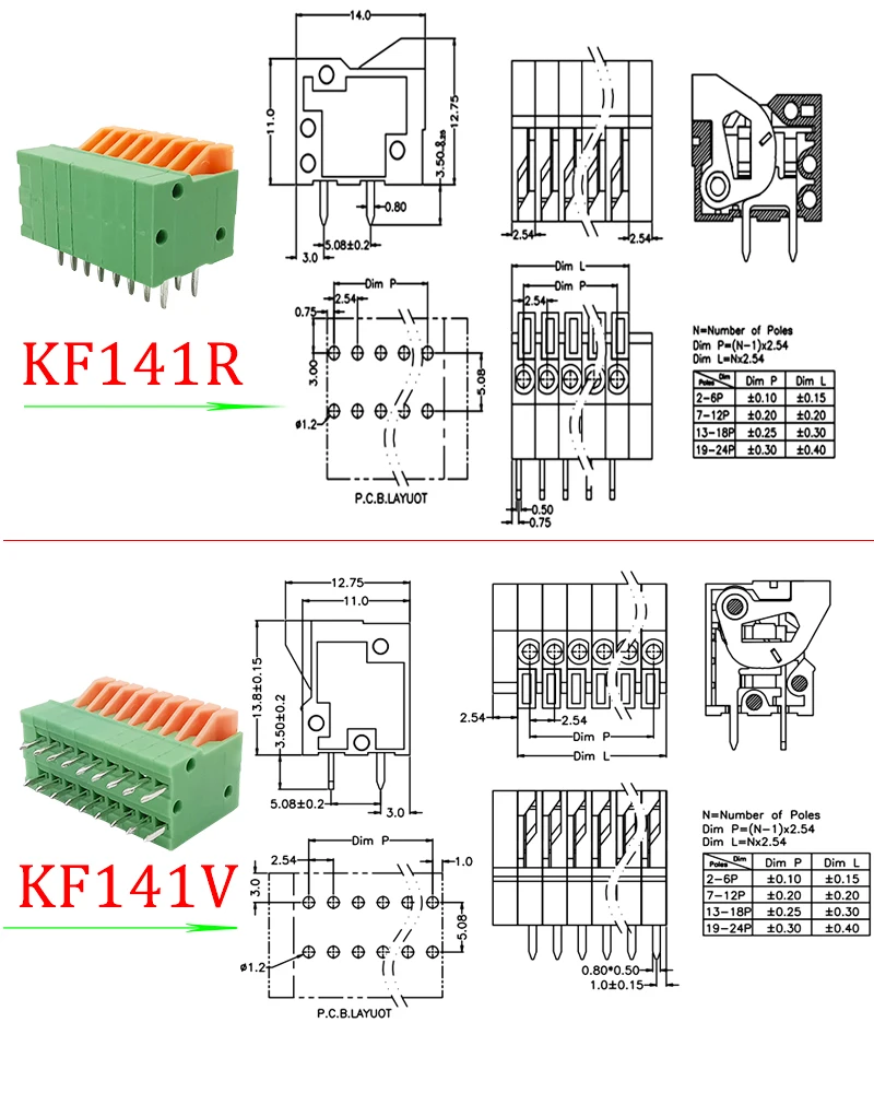 2.54mm Pitch KF141V KF141R Push-in Spring Screwless Terminal Block Straight/Bent Foot 2/3/4/5/6/7/8/9/10P PCB Connector 10Pcs screw terminal block,pcb connector