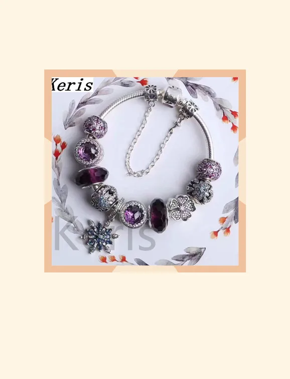 

High Quality Reproduction 1:1 100% Silver Purple Glaze Beads Snowflake Pendant String Bracelet First Choice For Gift Free Packag