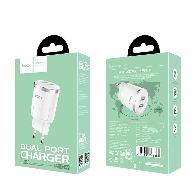 HOCO C38A, 21 шт./лот,, 5 В, 2,4 А, USB зарядное устройство для iPhone 11 Xs Max, евро вилка, настенное зарядное устройство, адаптер для samsung, Xiaomi, huawei
