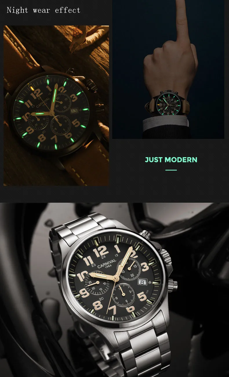 Карнавальные кварцевые мужские часы с хронографом и Тритием, светящиеся водонепроницаемые мужские наручные часы, военные спортивные часы, мужские часы