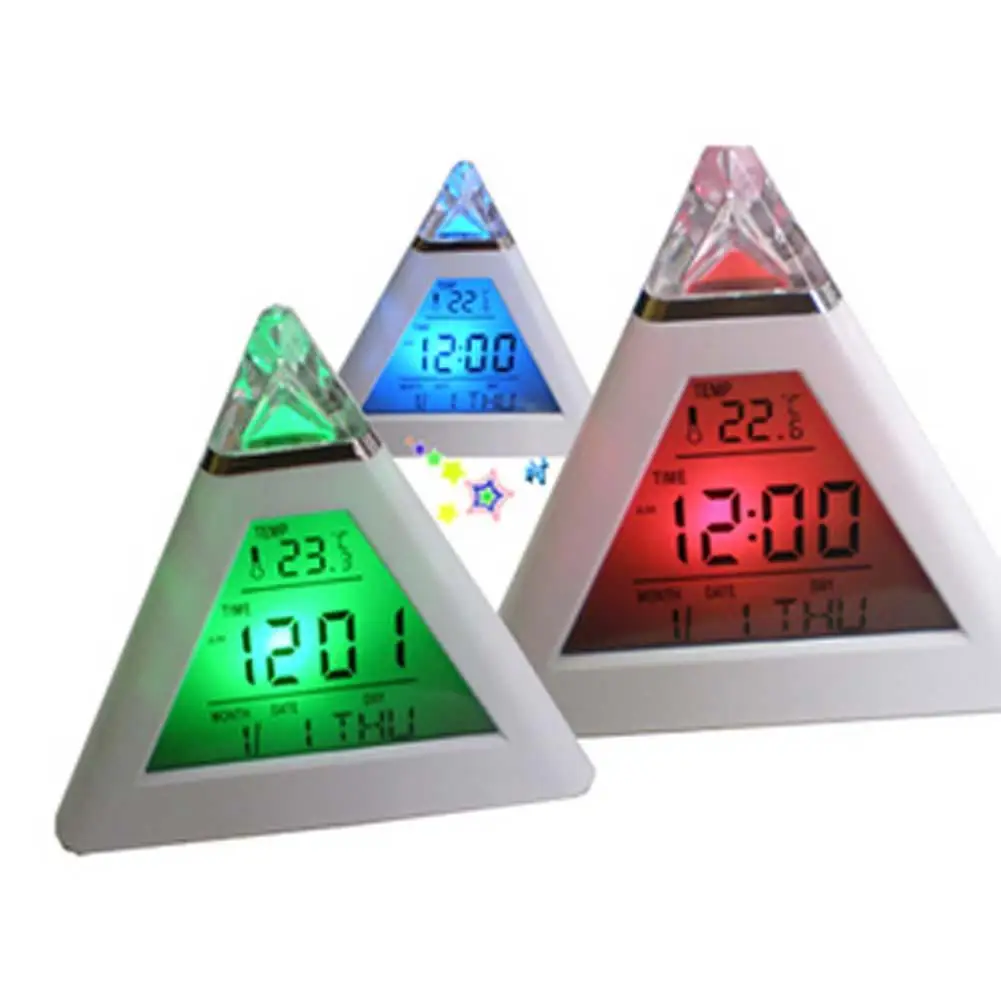 7 LED Color Pyramid Digital LCD Alarm Clock Thermometer 