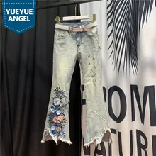 Модные шикарные расклешенные джинсы Женщины с высокой талией сезон: весна–лето Высокая Талия Бисер вышивкой ботильоны из джинсовой ткани-Длина брюки Винтаж синие джинсы с бахромой