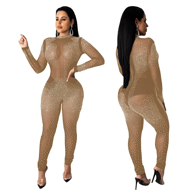 12AF016 cheap price hot drilling rhinestone mesh see through club wear sexy jumpsuits High Fashion Women Clothing