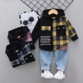 

Children Casual Suit 2020 Autumn Winter New Little Boys Long-sleeved Plaid Hooded Sweatshirt + Light Blue Letter Jeans Two-piece