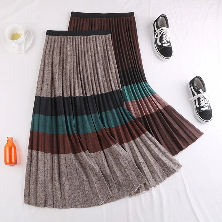 Юбки, зимние, эластичные, эластичные, высокая талия, миди, плиссированные, шерсть, шерстяные, теплые, цвет блока, радуга, Полосатая юбка для женщин