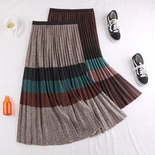 Юбки, зимние, эластичные, эластичные, высокая талия, миди, плиссированные, шерсть, шерстяные, теплые, цвет блока, радуга, Полосатая юбка для женщин