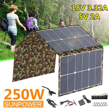 

250W Foldable Solar Panel 18V/5V Portable Solar Cell Camouflage Waterproof Charger Sun power Battery Charger W/ Dual USB Port