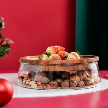 

Modern living room home double glass fruit plate snack plate candy box creative Japanese style wooden round dried fruit plate