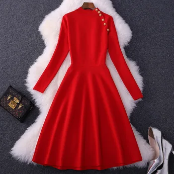 

Fashion Autumn Winter Dress Women 2019 New Runway Designer Long Sleeve Solid Red Aline Knit Sweater Dress Casual Vestidos
