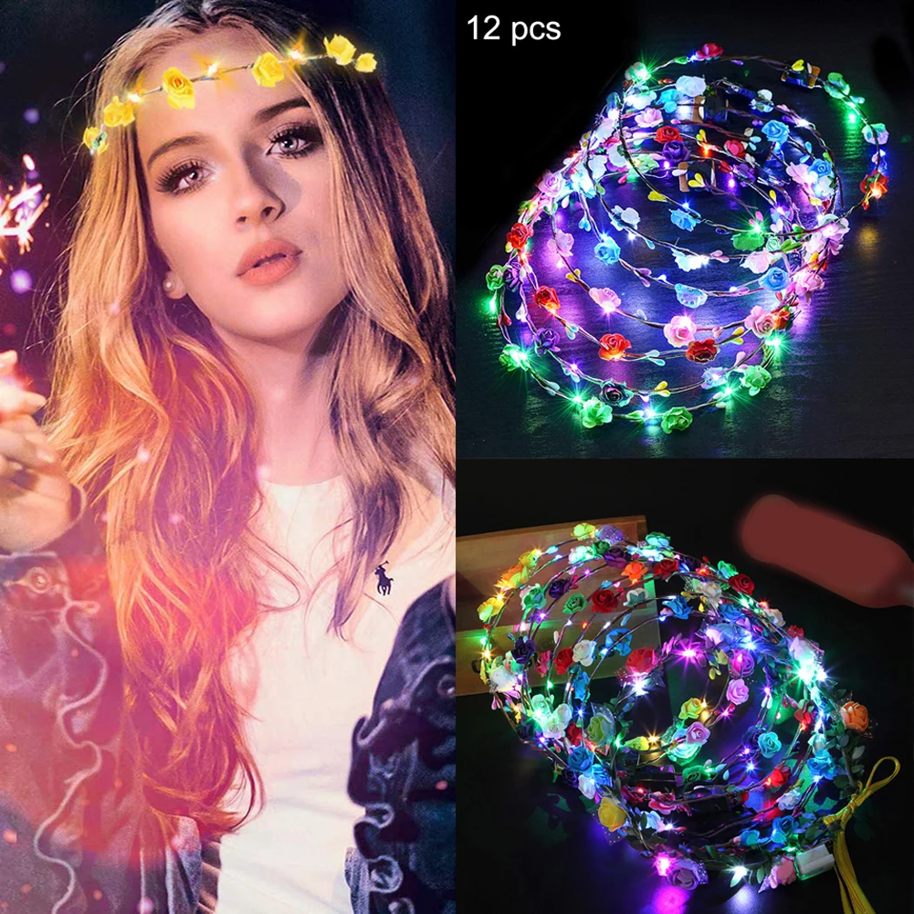 

LED Flower Crowns Headband Flower Wreaths 10LED Bridal Wreath Luminous Headdress for Wedding Birthday Holiday Party Decor
