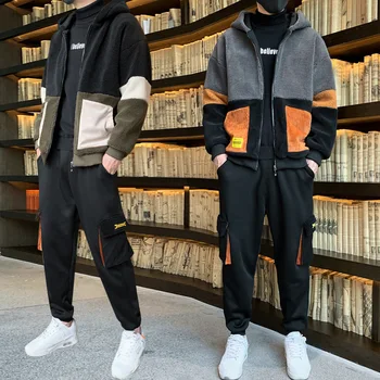 

Winter Mens Thick Warm Jacket Trousers 2pcs Set Plush Liner Sweatshirt Hoodie Casual Pants Mixed Color U94