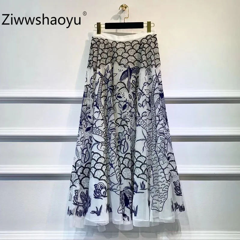 Ziwwshaoyu 2019 Hoge Kwaliteit Herfst Winter Mesh Borduren A-lijn Lange Maxi Rok vrouwen