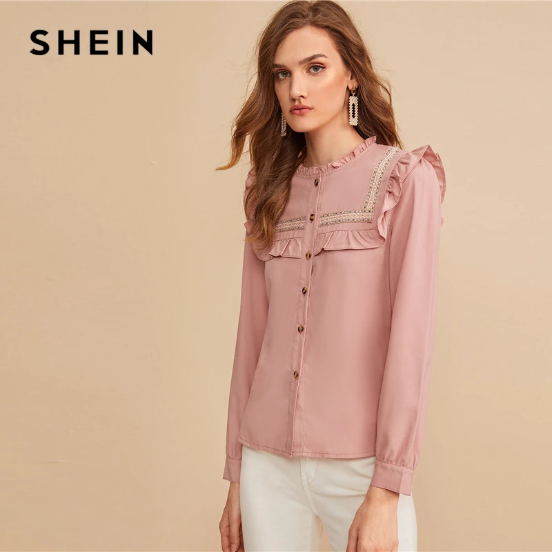 SHEIN розовая вышитая лента панель с рюшами отделка пуговица спереди милая блузка