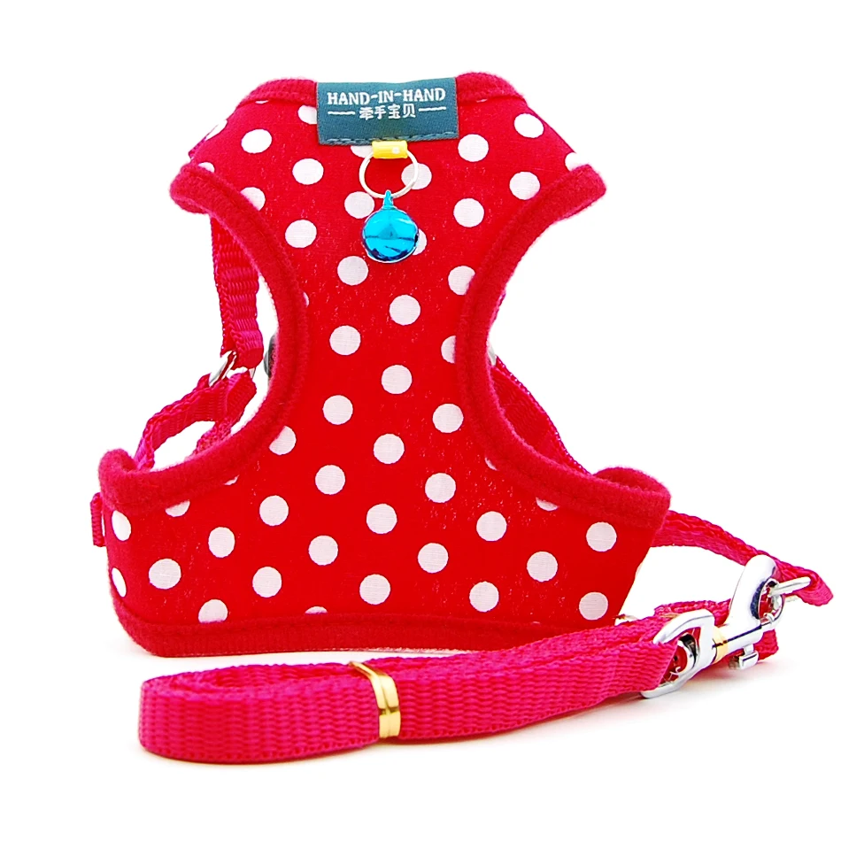 Dog Cat Polka Dot Print Cotton Harness Vest Pet Adjustable with Bell Walking Leash for Puppy Mesh Harness for Small Medium Dog