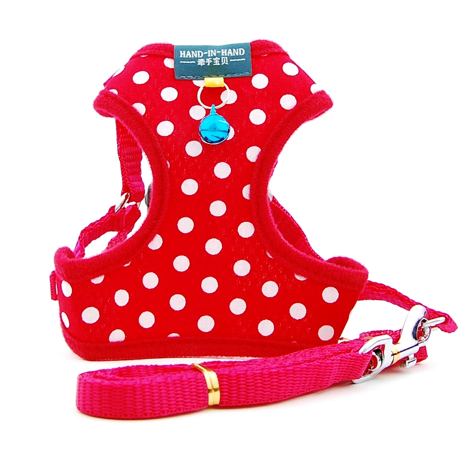 Dog Cat Polka Dot Print Cotton Harness Vest Pet Adjustable with Bell Walking Leash for Puppy Mesh Harness for Small Medium Dog 