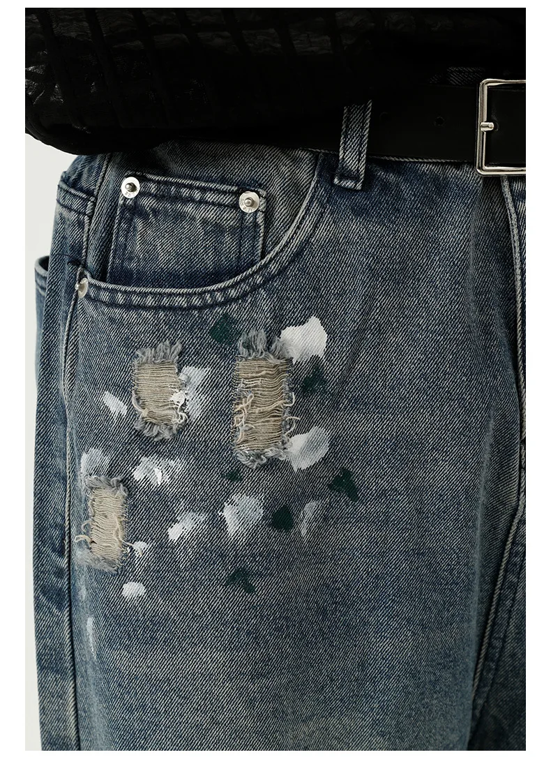 Men's Destroy Hole Paint Streetwear Hip Hop Loose Casual Straight Wide Leg Denim Pants Jeans Male Korean Jeans Trousers Man
